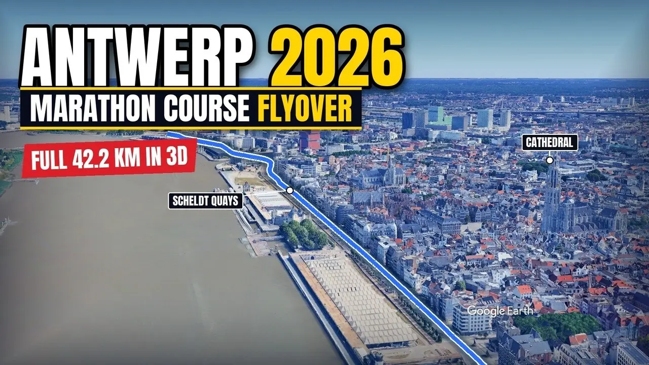 A frame from the Antwerp Marathon course film